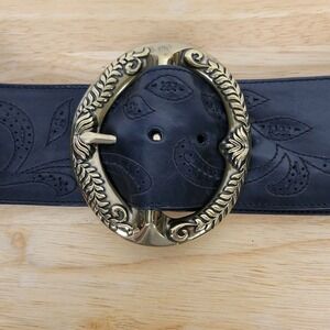 Cole Haan Black Leather Embroidered Wide Waist Belt Brass Filigree Buckle